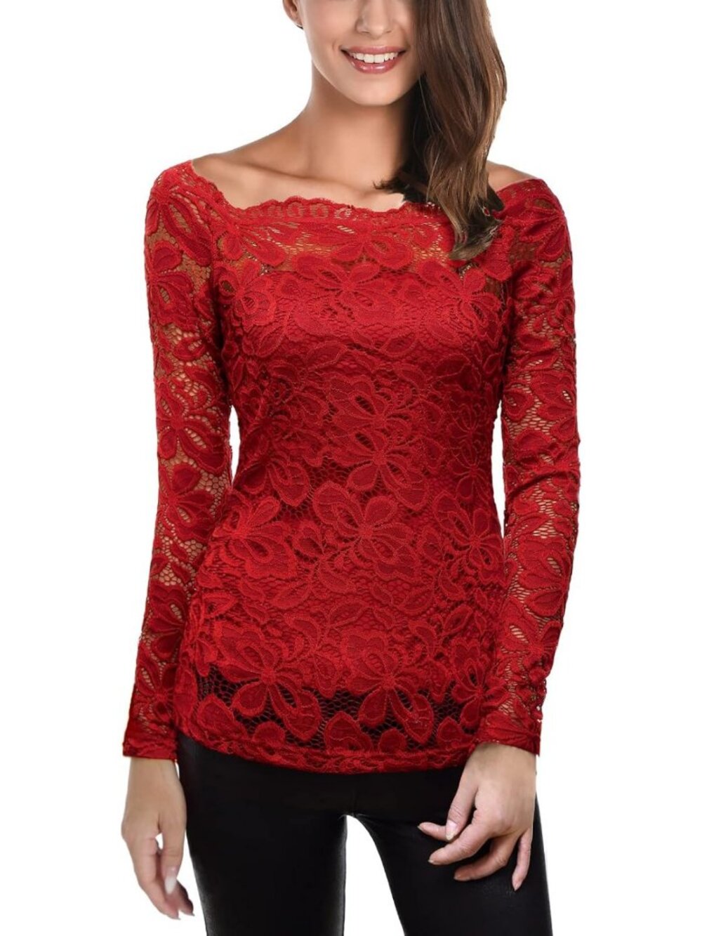 Floral Lace Off-Shoulder Blouse for Women | Fitted 7/8 Sleeve Top